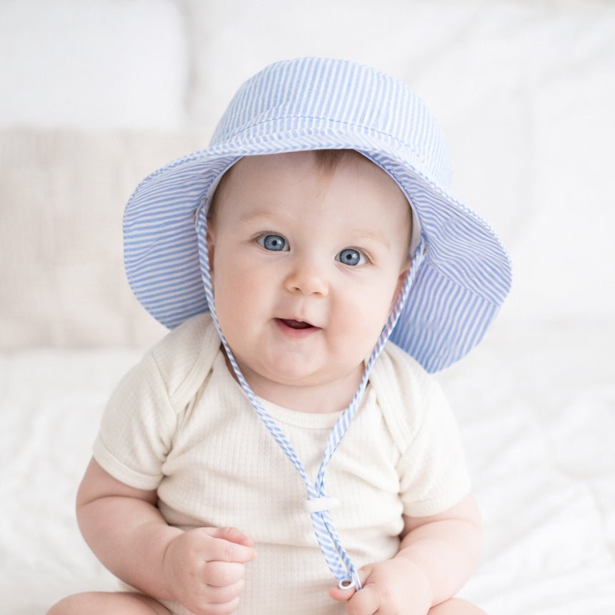 Blue Seersucker Bucket Hat UPF 50+ with Adjustable Breakaway Strap - Sunhat