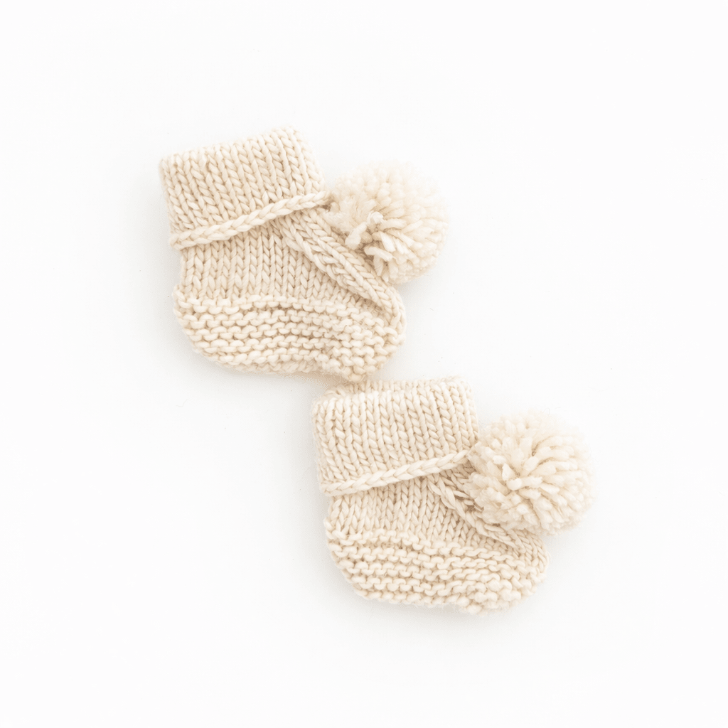 Garter Stitch Baby Booties Natural with Pom Poms - Booties