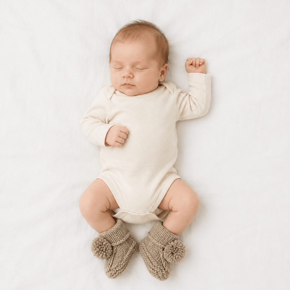 Garter Stitch Baby Booties Pebble with Pom Poms - Booties