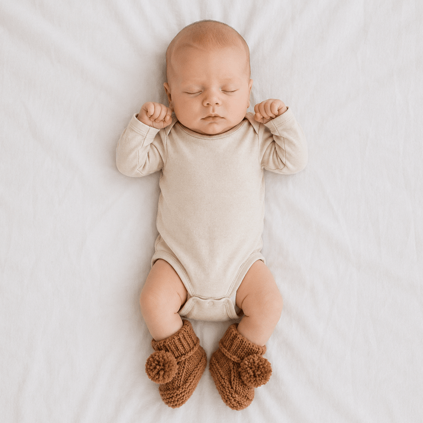 Garter Stitch Baby Booties Pecan with Pom Poms - Booties