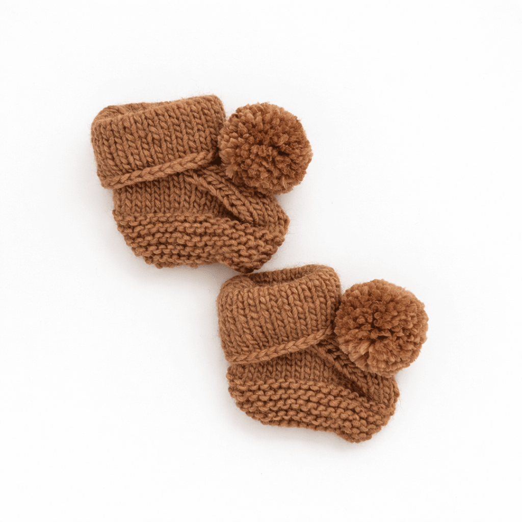 Garter Stitch Baby Booties Pecan with Pom Poms - Booties