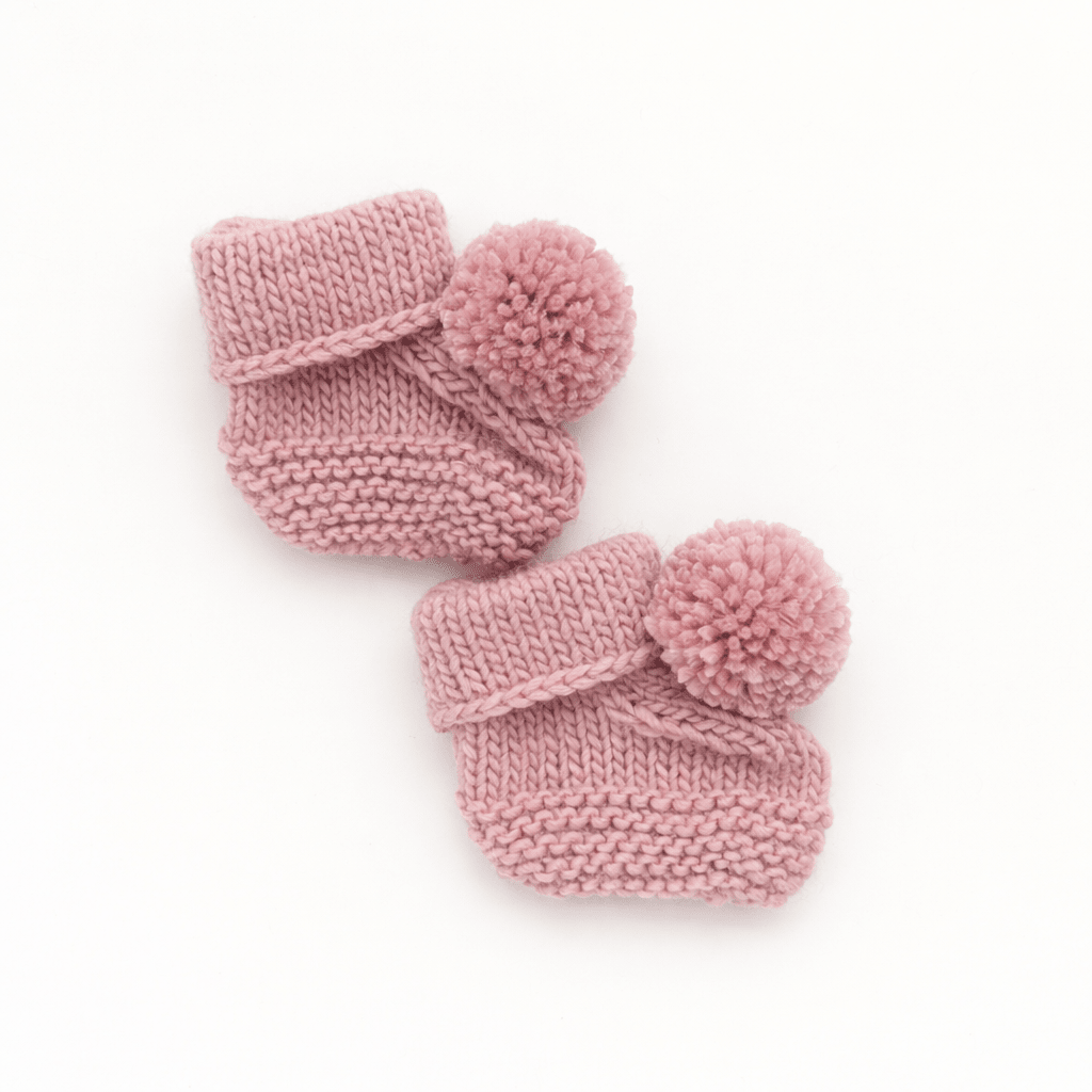 Garter Stitch Baby Booties Rosy with Pom Poms - Booties