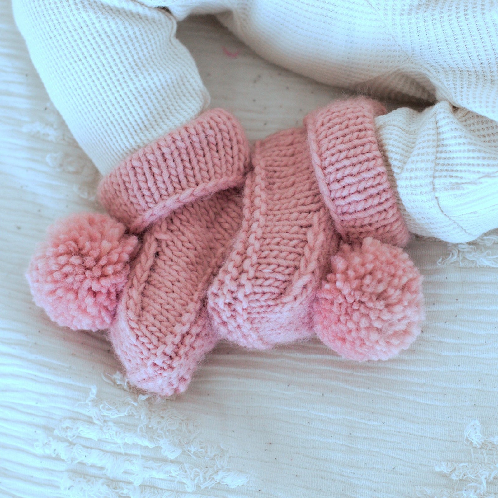 Garter Stitch Baby Booties Rosy with Pom Poms - Booties