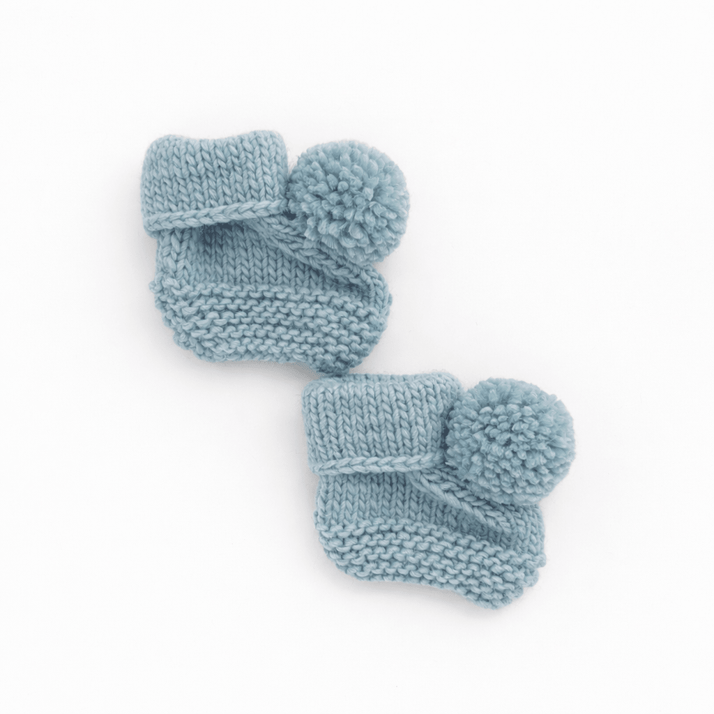Garter Stitch Baby Booties Surf with Pom Poms - Booties