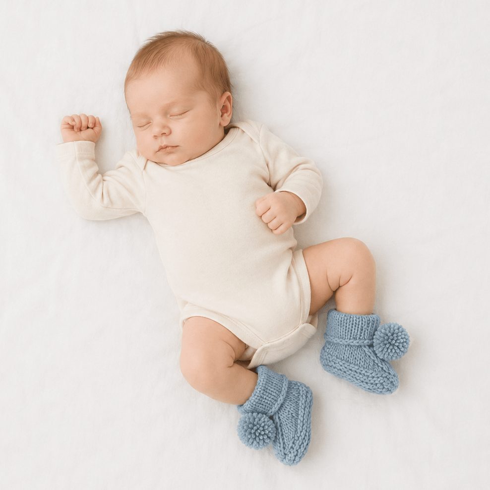 Garter Stitch Baby Booties Surf with Pom Poms - Booties