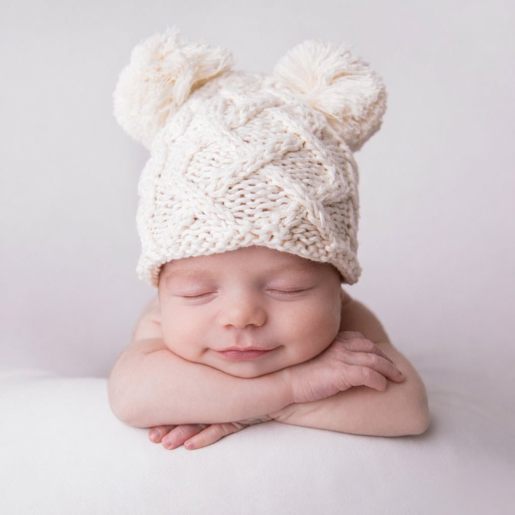 Newborn Aran Natural Double Pom Pom Beanie Hat Infant - Newborn Knits