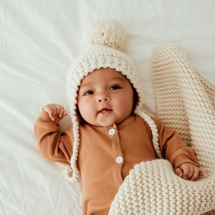 Natural Garter Stitch Knit Bonnet - Beanie Hats