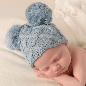 Newborn Aran Chambray Double Pom Pom Beanie Hat - Newborn Knits