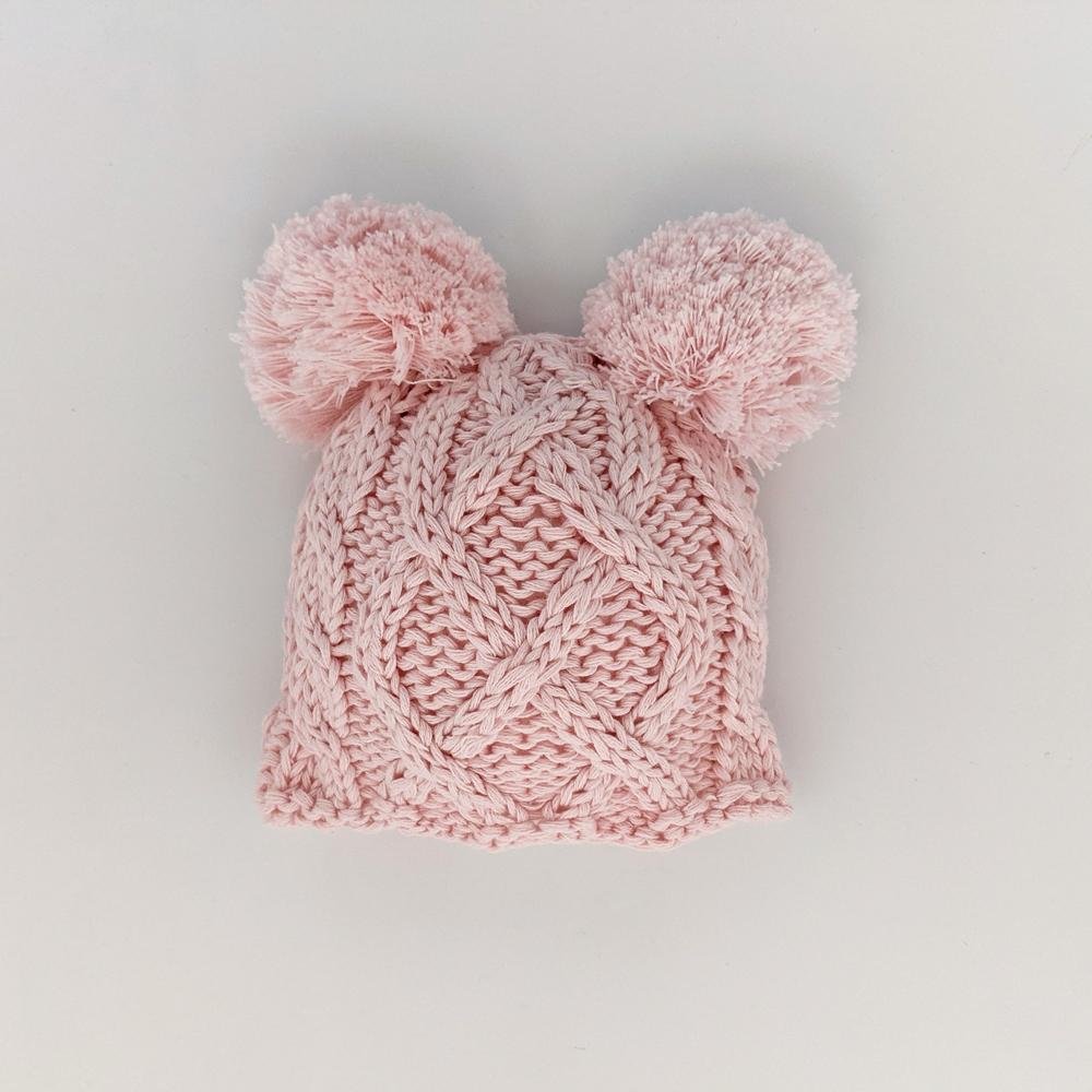 Newborn Aran Pink Double Pom Pom Beanie Hat - Newborn Knits