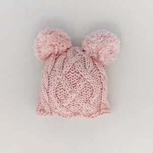 Newborn Aran Pink Double Pom Pom Beanie Hat - Newborn Knits