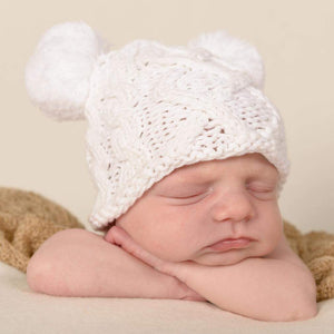Newborn Aran White Double Pom Pom Beanie Hat - Newborn Knits
