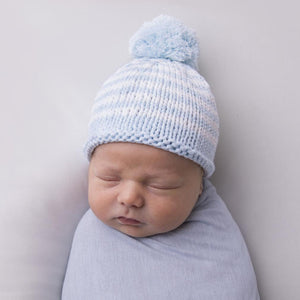 Newborn Blue Pom Pom Beanie Hat - Newborn Knits