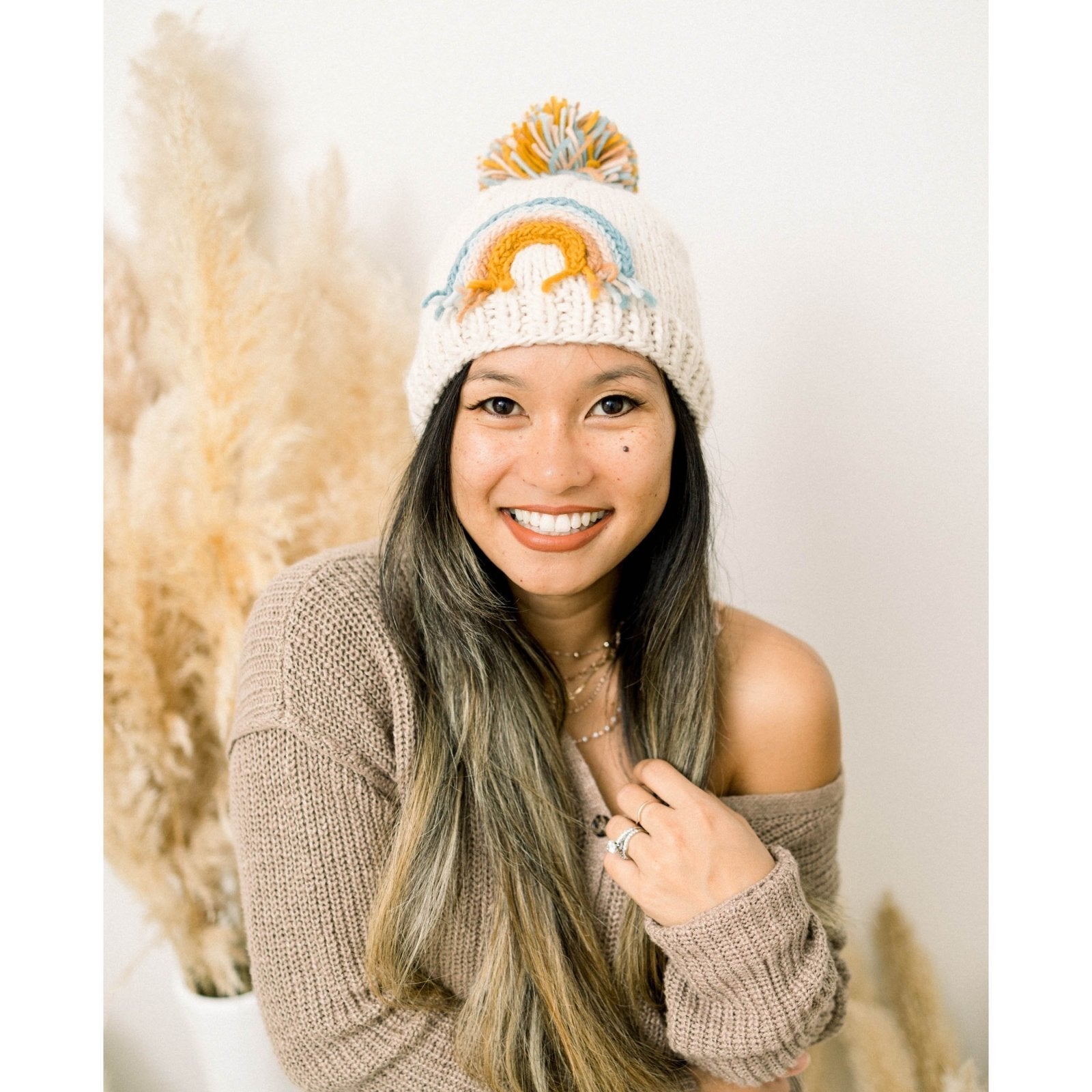 Teal Rainbow Knit Beanie Hat - Beanie Hats
