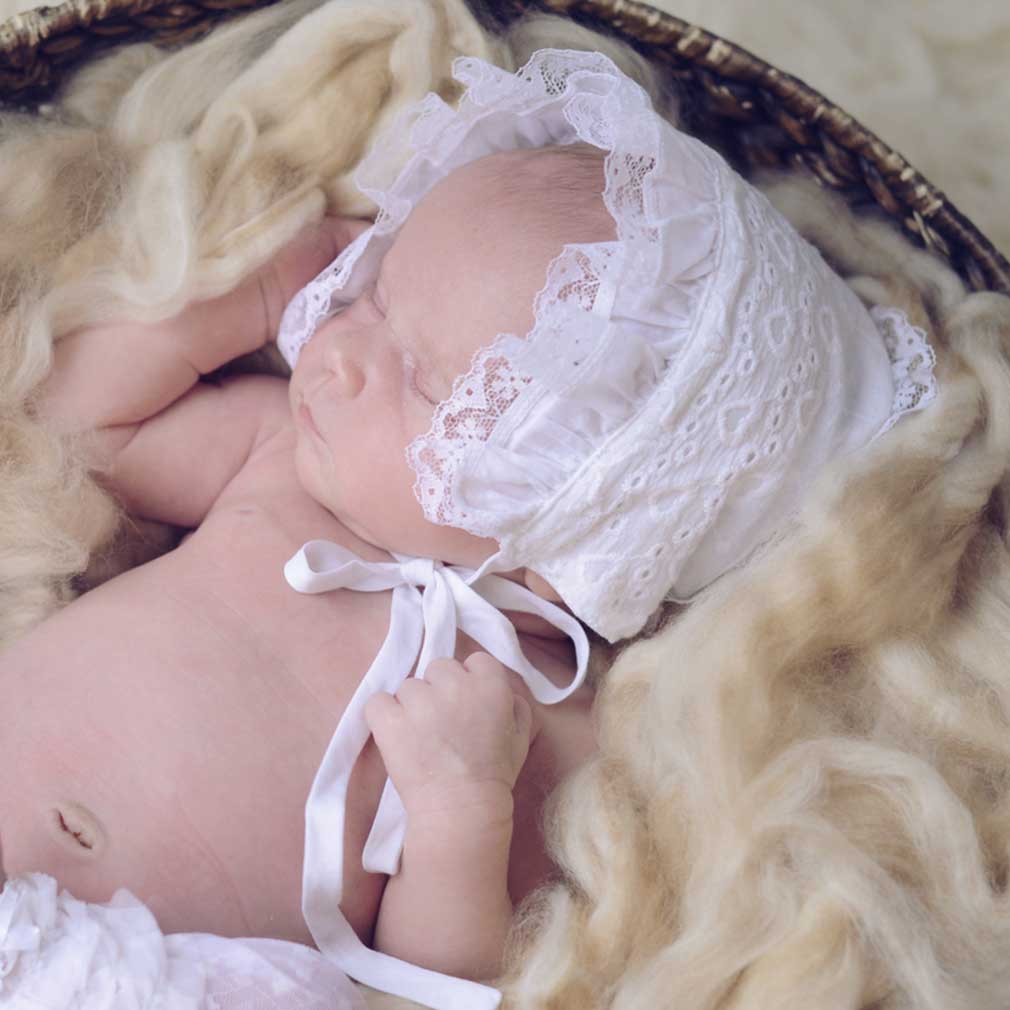 White Heart Eyelet Bonnet for Infants