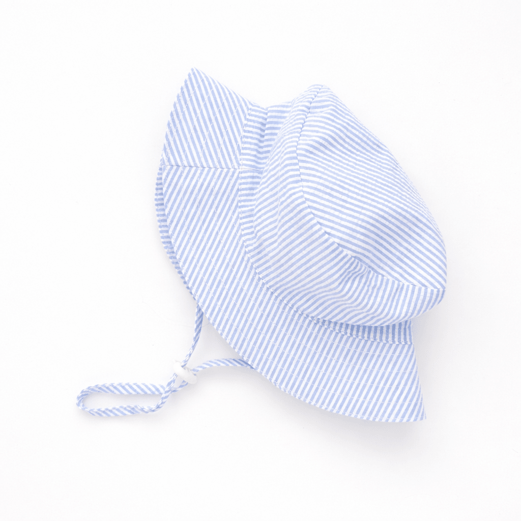 Blue Seersucker Bucket Hat UPF 50+ with Adjustable Breakaway Strap - Sunhat