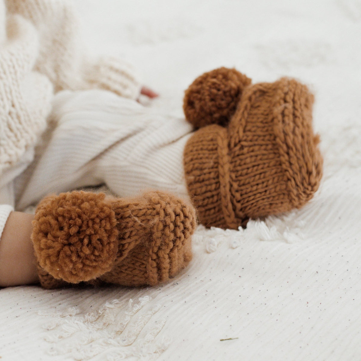 Garter Stitch Baby Booties Pecan with Pom Poms - Booties