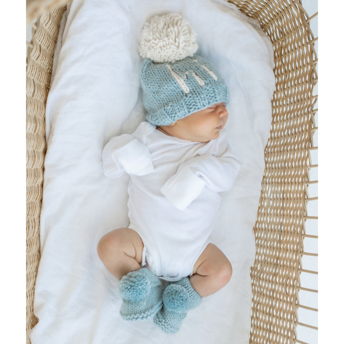 Garter Stitch Baby Booties Surf with Pom Poms - Booties