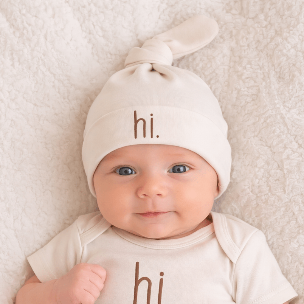 hi. Embroidered Pecan Knotted Baby Hat - Knotted Hat