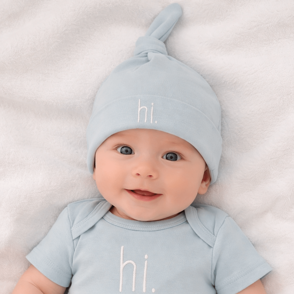 hi. Embroidered Surf Blue Knotted Baby Hat - Knotted Hat