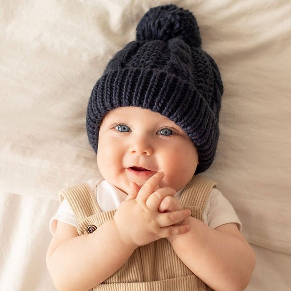 Indigo Cable Knit Beanie Hat for Babies thru Adults - Beanie Hats