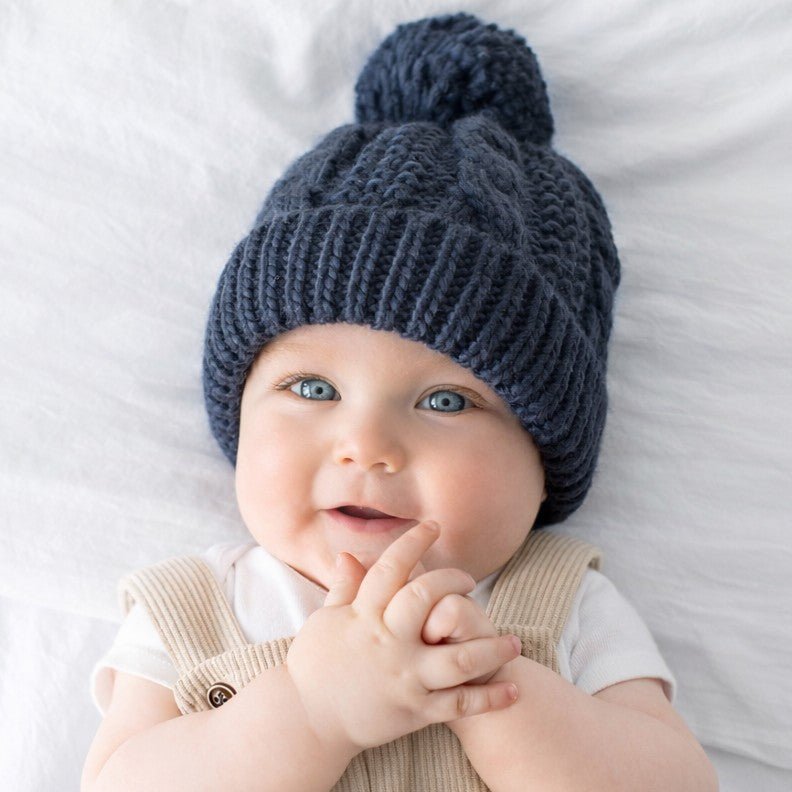 Indigo Cable Knit Beanie Hat for Babies thru Adults - Beanie Hats