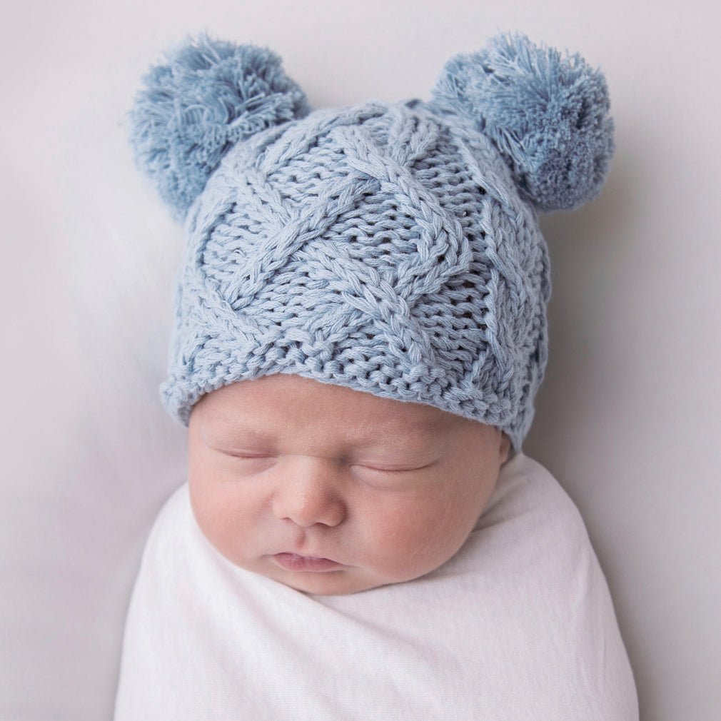 Newborn Aran Chambray Double Pom Pom Beanie Hat Infant - Newborn Knits