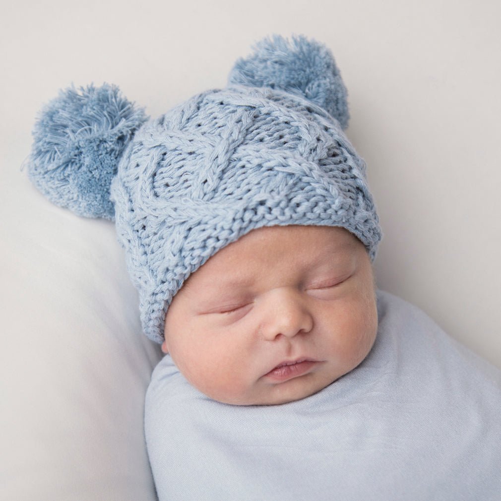 Newborn Aran Chambray Double Pom Pom Beanie Hat Infant - Newborn Knits