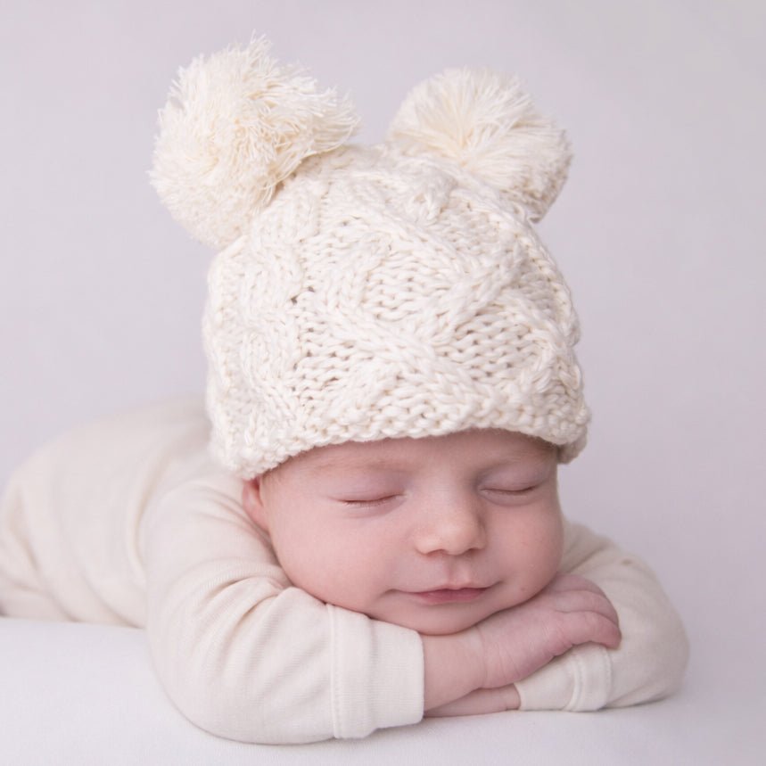 Newborn Aran Natural Double Pom Pom Beanie Hat Infant - Newborn Knits