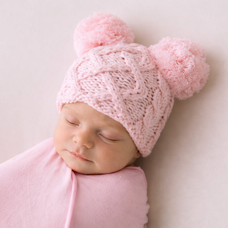 Newborn Aran Pink Double Pom Pom Beanie Hat - Newborn Knits