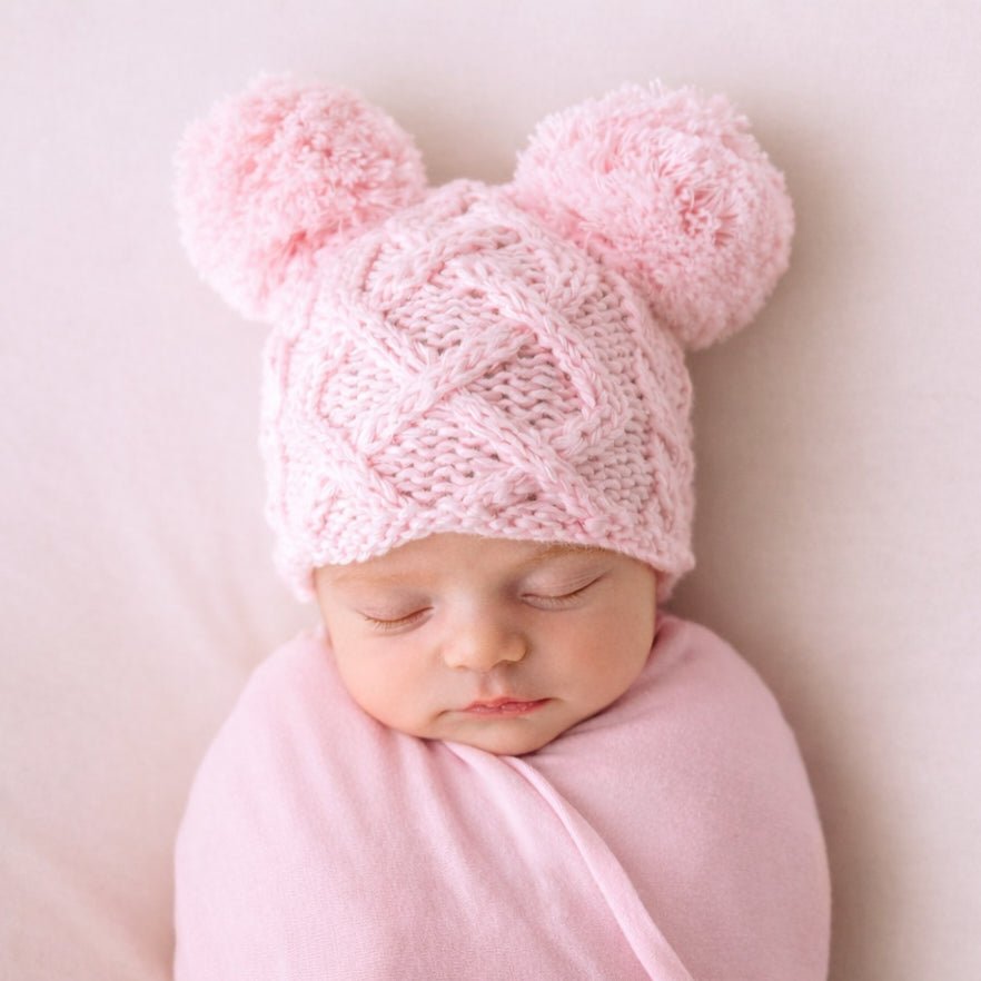 Newborn Aran Pink Double Pom Pom Beanie Hat - Newborn Knits