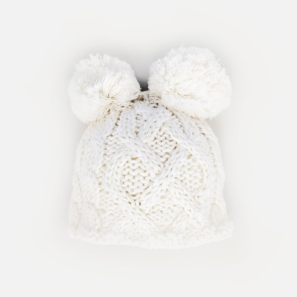 Newborn Aran White Double Pom Pom Beanie Hat - Newborn Knits
