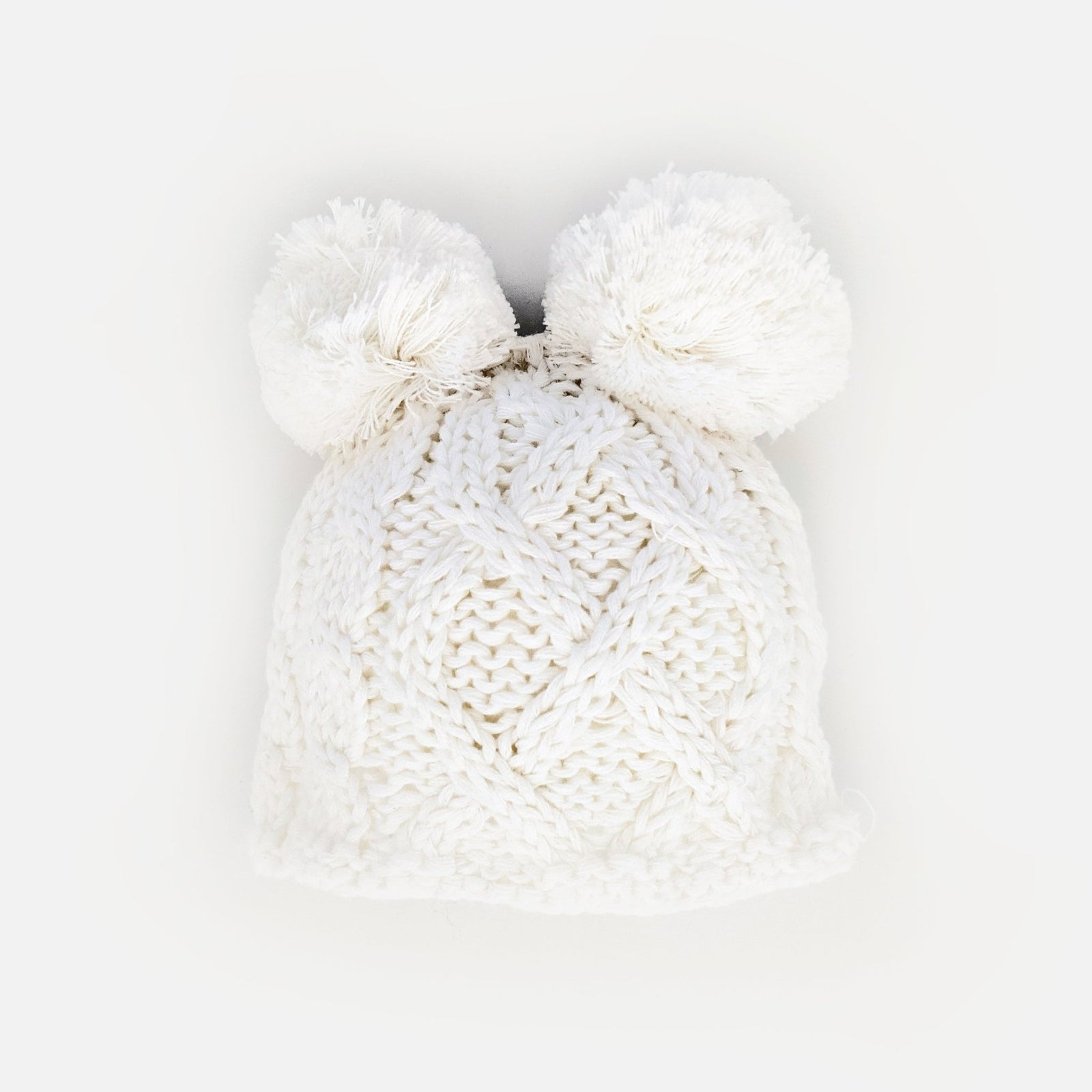 Newborn Aran White Double Pom Pom Beanie Hat - Newborn Knits