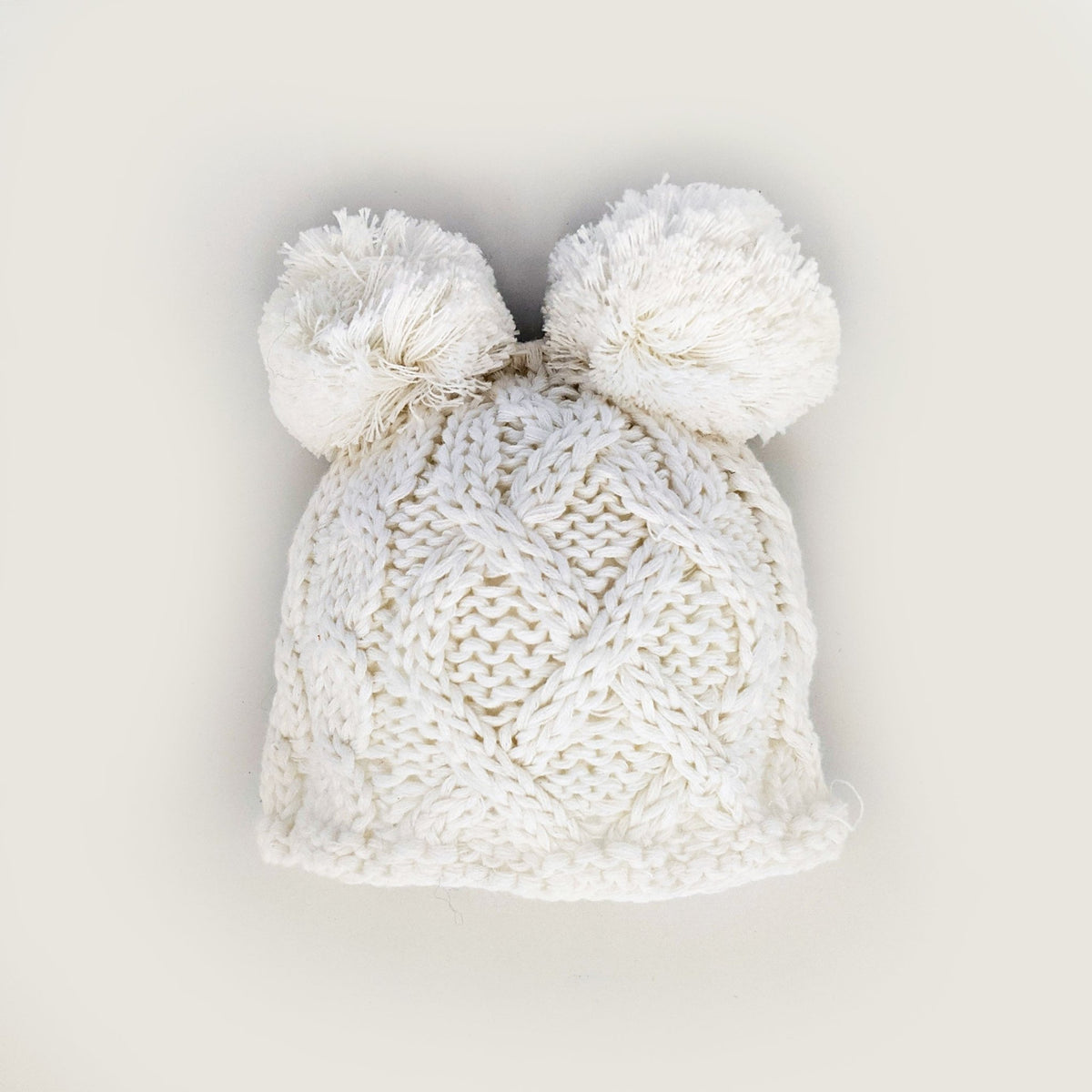 Newborn Aran White Double Pom Pom Beanie Hat - Newborn Knits