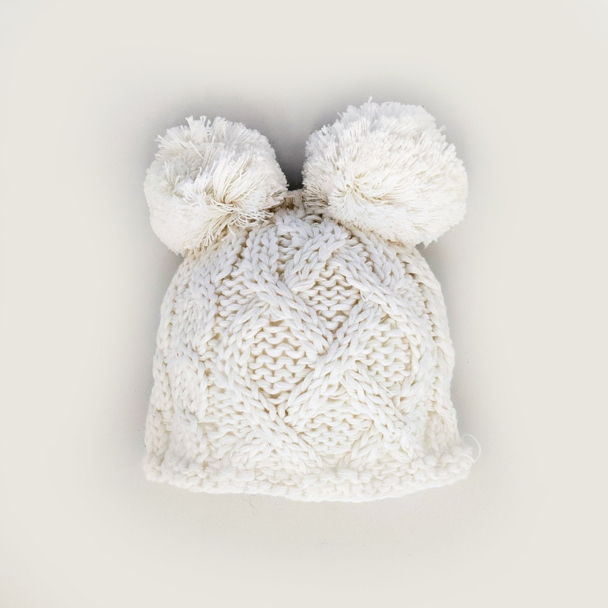 Newborn Aran White Double Pom Pom Beanie Hat - Newborn Knits