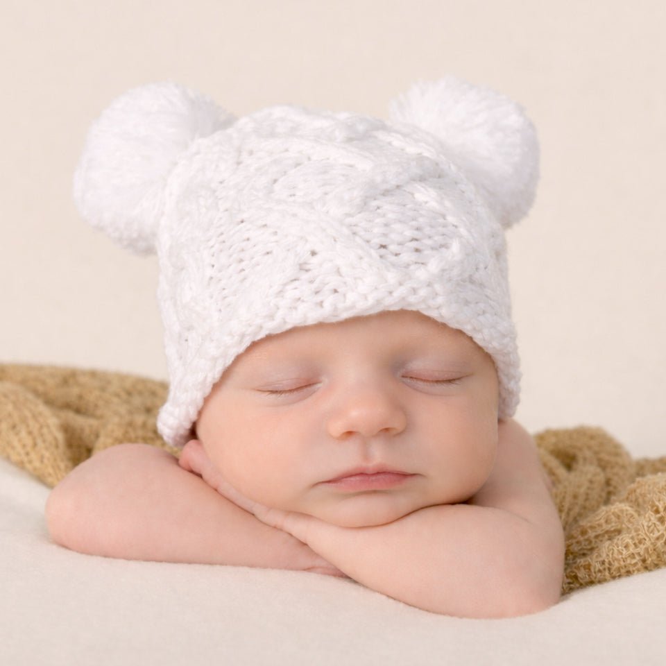 Newborn Aran White Double Pom Pom Beanie Hat - Newborn Knits