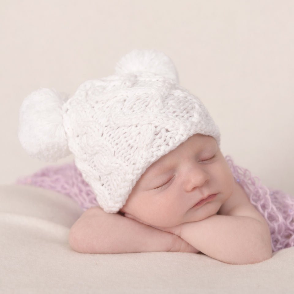 Newborn Aran White Double Pom Pom Beanie Hat - Newborn Knits