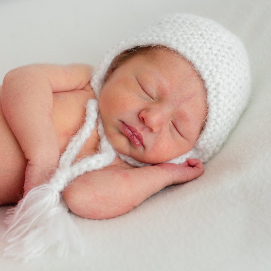 Newborn White Angora Knit Bonnet Infant - Newborn Knits