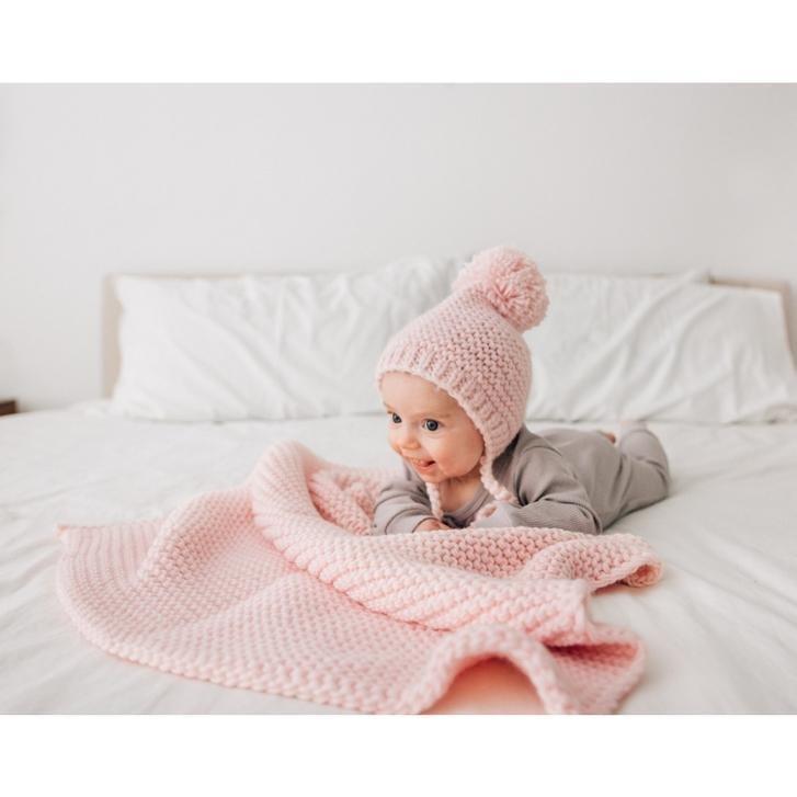 Blush Garter Stitch Knit Blanket - Beanie Hats