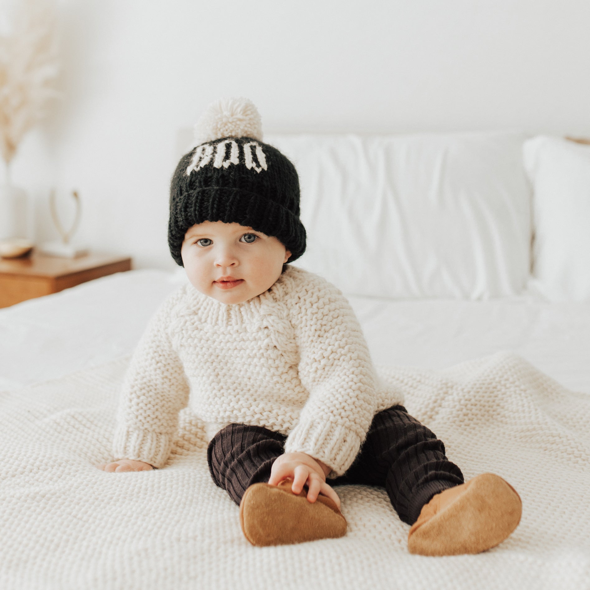 BOO Black Hand Knit Beanie Hat Huggalugs
