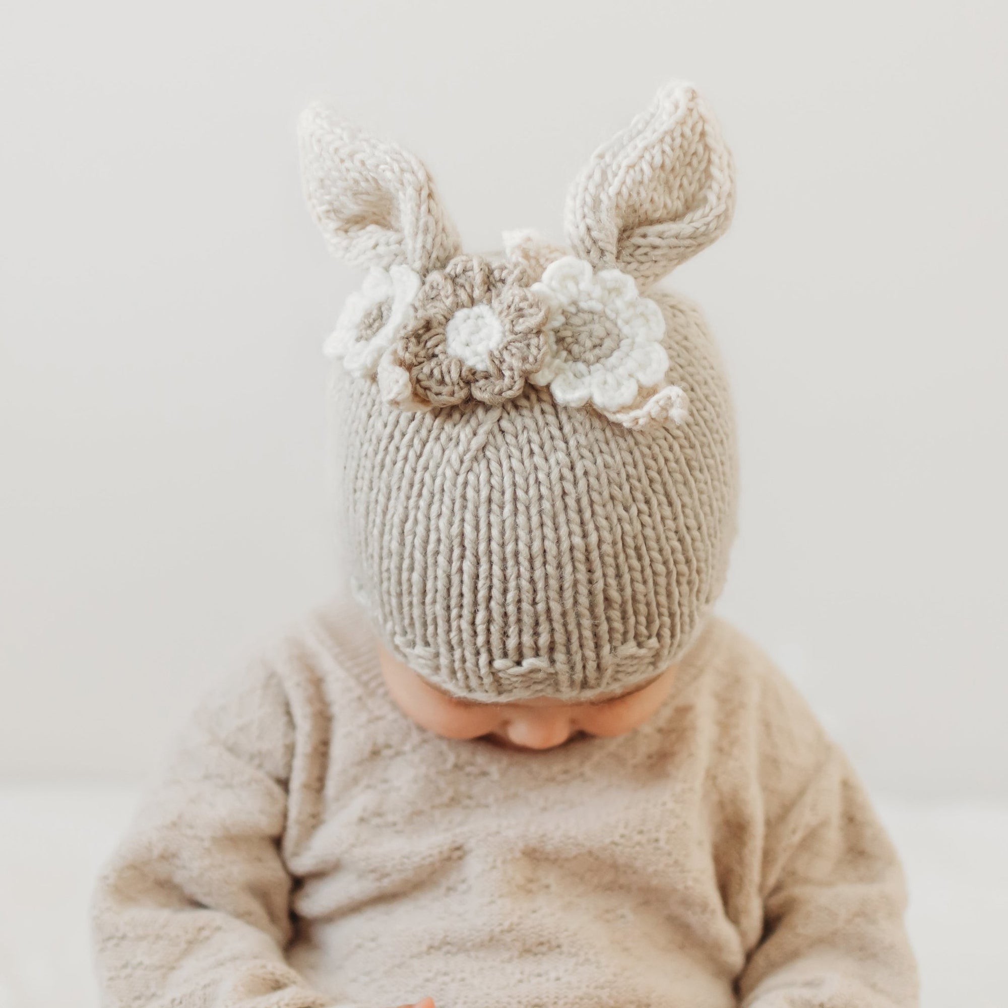 Flower Bunny Beanie Oatmeal Ships 1/1-1/30 - Beanie Hats