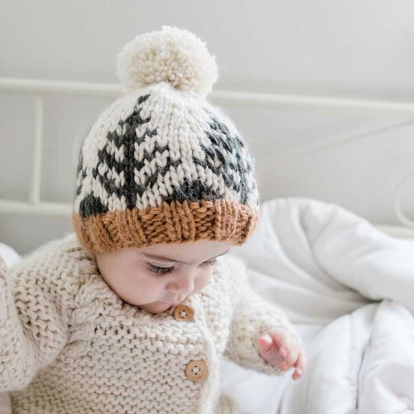 Huggalugs Aran Cable Natural Double Pom Newborn Beanie Hat