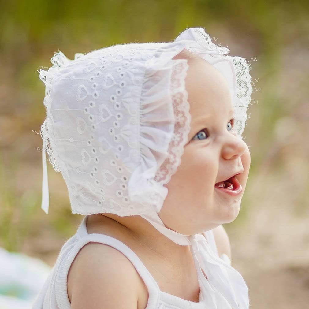 Girls White Heart Eyelet Baby Bonnet - bonnets