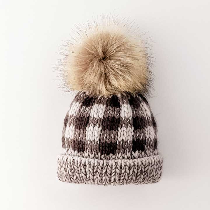 Grey Buffalo Check Pom Pom Beanie Hat - Beanie Hats