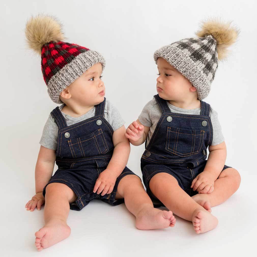 Grey Buffalo Check Pom Pom Beanie Hat - Beanie Hats