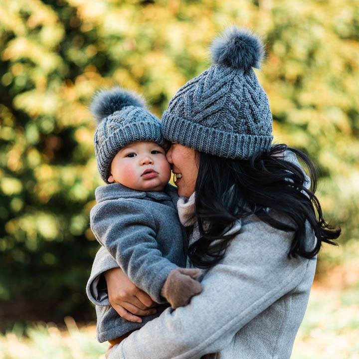 Grey Pop Pom Pom Beanie Hat for Babies thru Adults