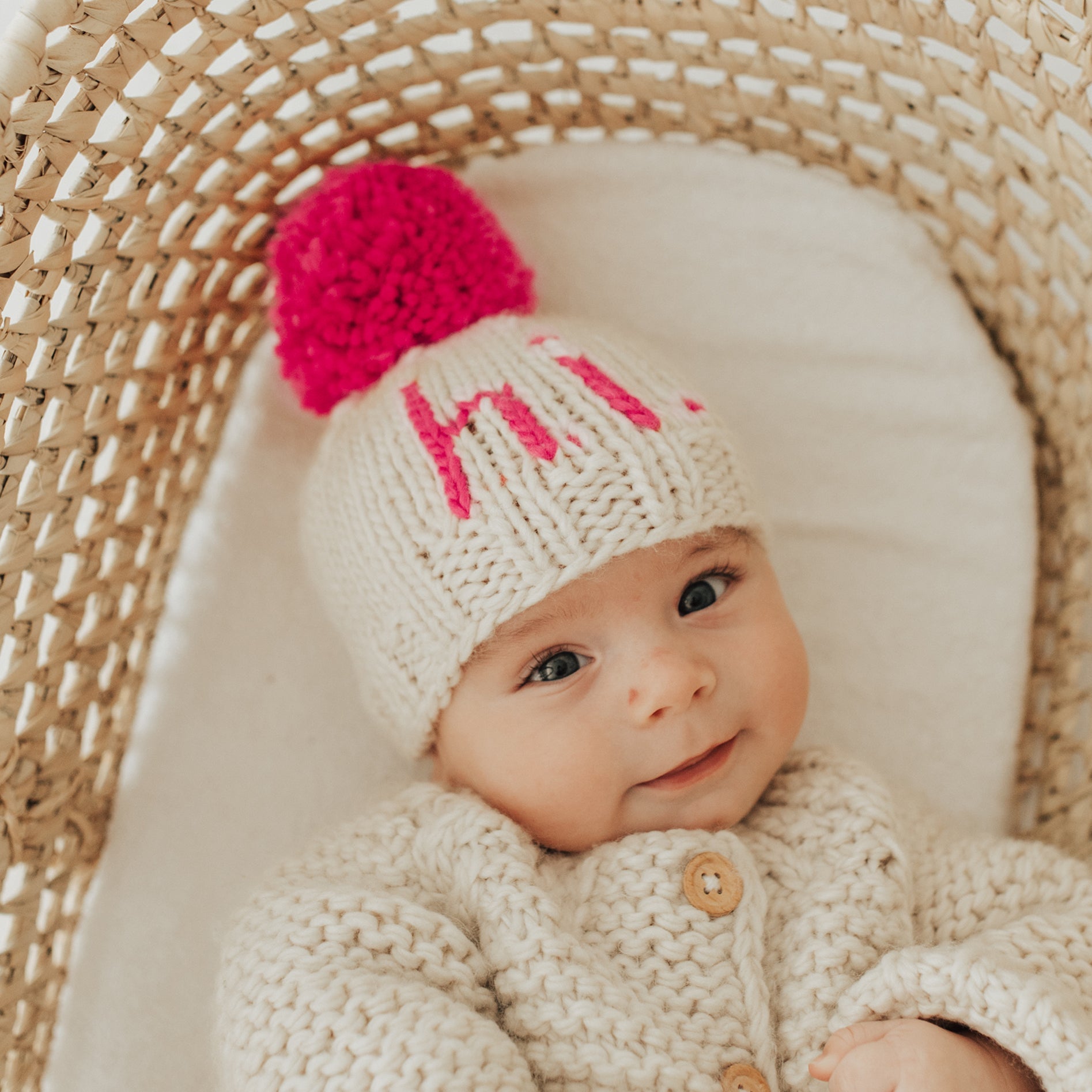 Hugalug Hi. Neon Pink Hand Knit Beanie Hat XS (Newborn)