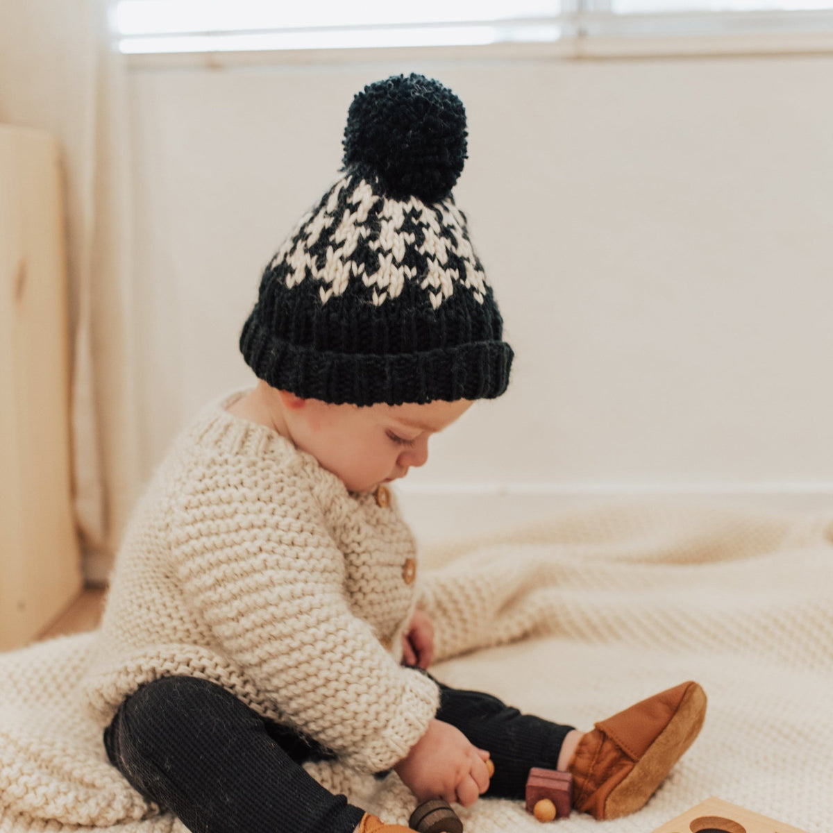 Houndstooth Hand Knit Beanie Hat - Beanie Hats