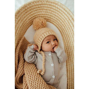 Latte Garter Stitch Knit Blanket - Beanie Hats