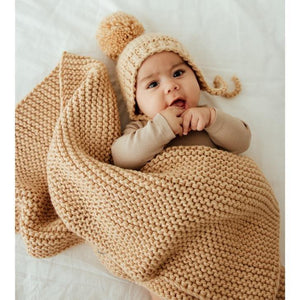 Latte Garter Stitch Knit Blanket - Beanie Hats