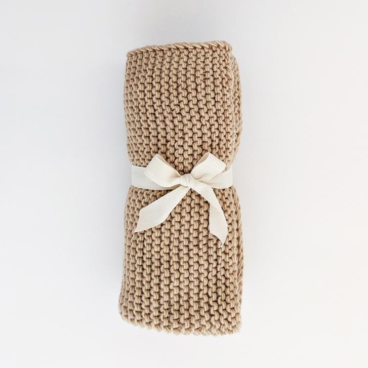 Latte Garter Stitch Knit Blanket - Beanie Hats